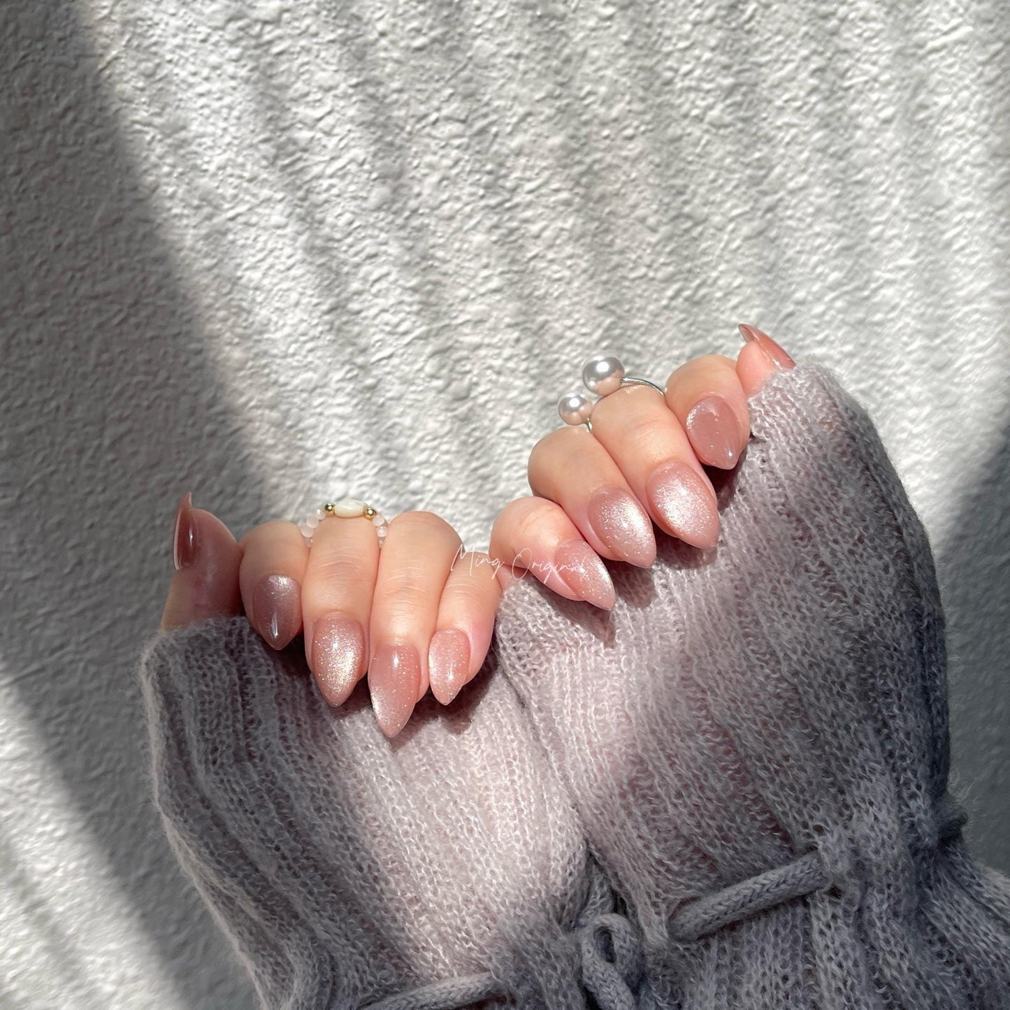 Simple natural look nude pink cat eye, magnetic cat eye press on nails, semitransparent reuse nails, glitter fake nail