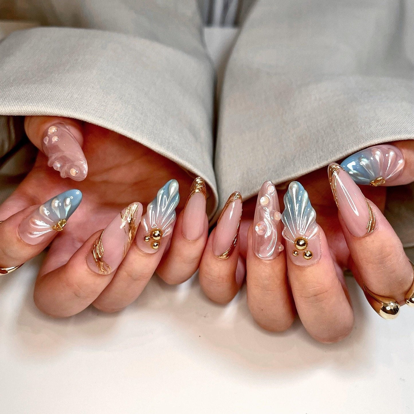 3D Y2K Pearlescent Aurora Blue Mermaid press on nails, Chrome Nail, Aura pearl reusable nail, jelly fake nail