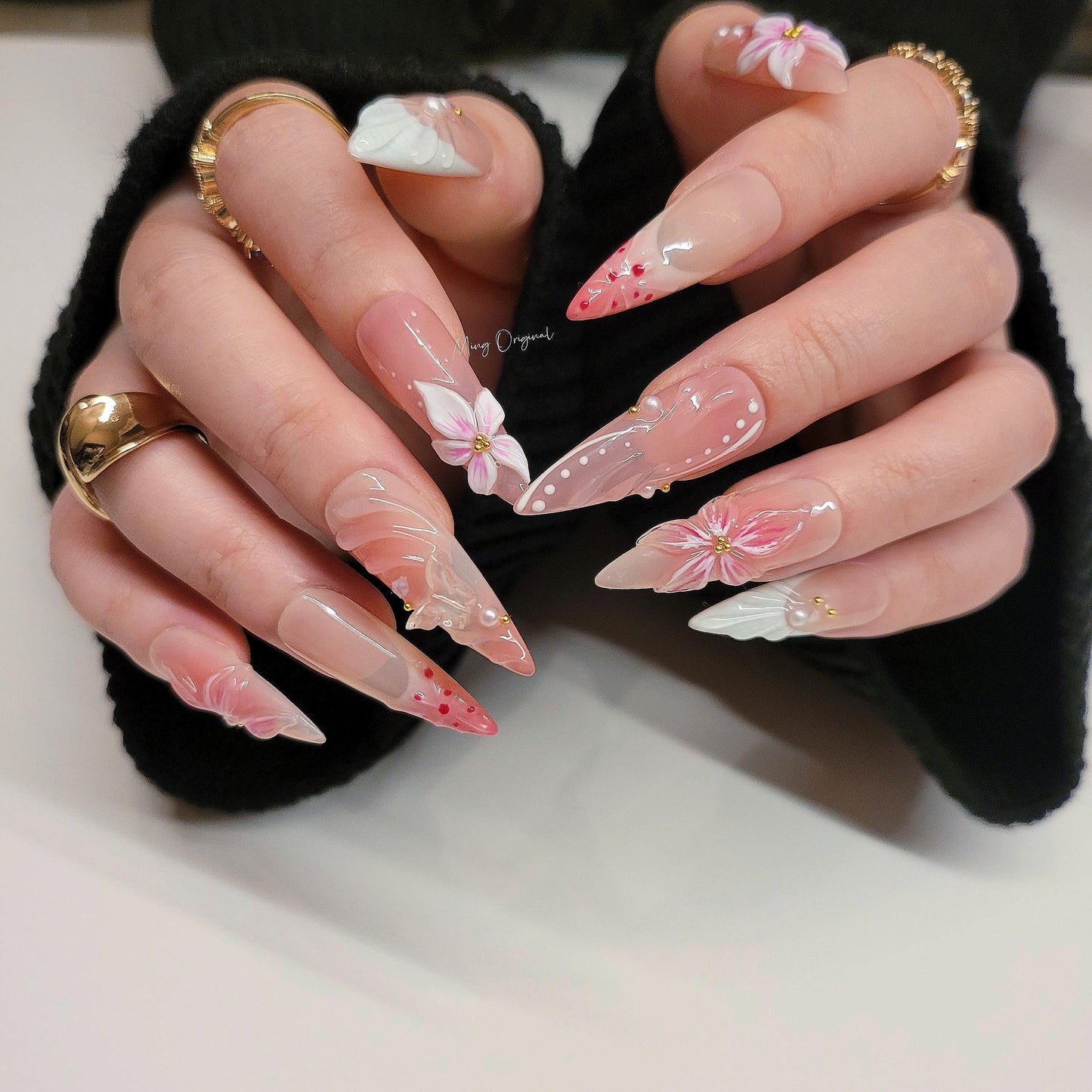 Pink 3D sculptured flower Press on Nails, Mermaid Seashell Nails, Clear Orchard Floral Nails, Jelly Nails, glue on nails, MO284