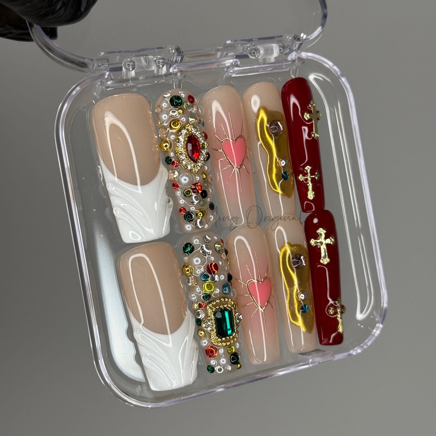 Luxury Bejeweled Custom Press on Nails, Pink Heart Gold Chrome free style multicolor rhinestone pearl handmade Nails, Vacation Nail MO463