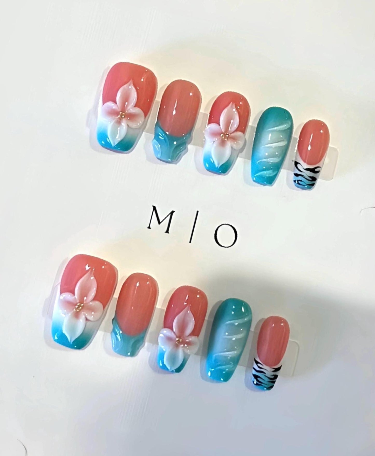 Blue ombre 3D sculptured white flower Press on Nails, Blue French Tip Summer Orchard Floral Nail, Jelly Nails, glue on nails, MO453