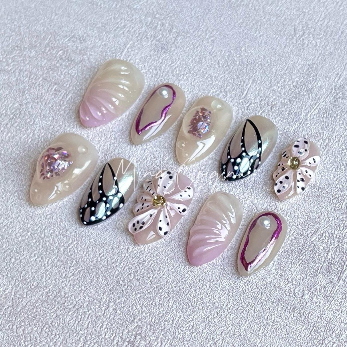 Butterfly wings and Purple Orchid flowers press on art nail, 3D floral nail, summer nail
