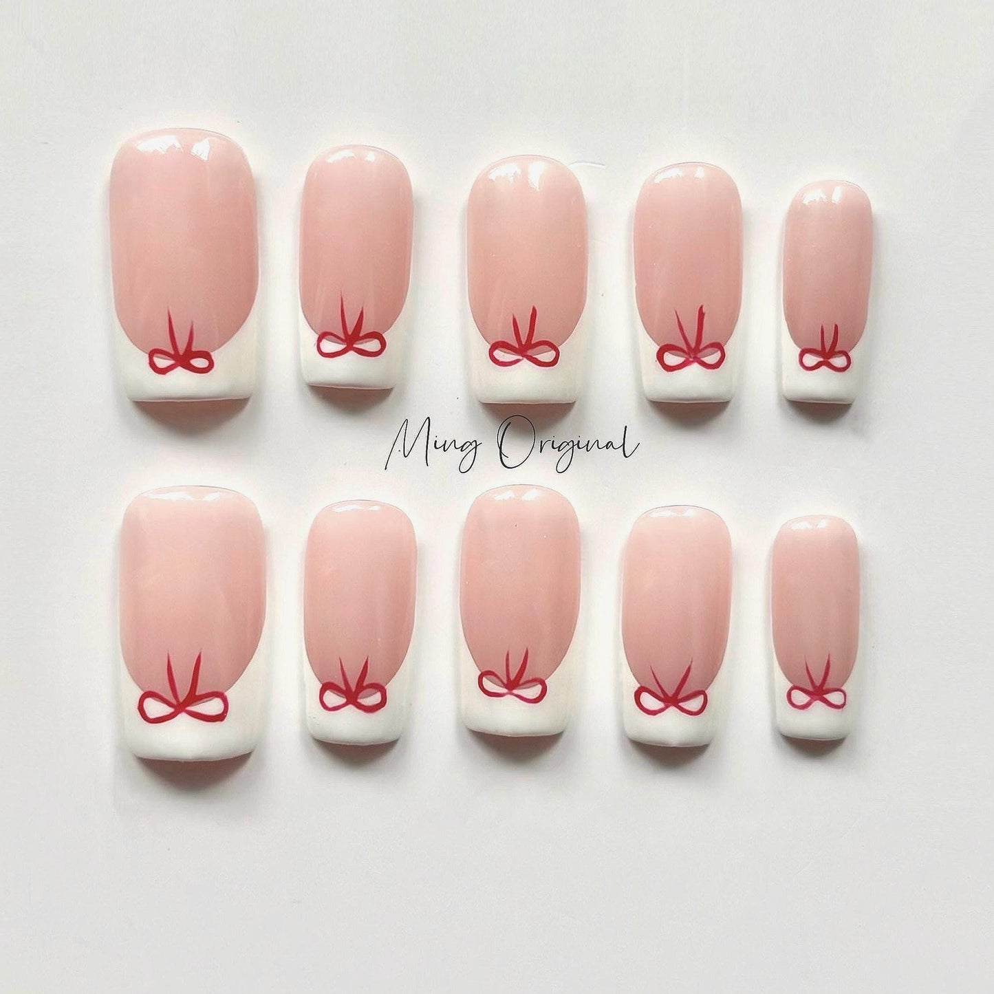 Simple white classy French tip with red bow coquette Press on Nails, French girly handmade Nails, glue on nail, birthday gift for her MO388