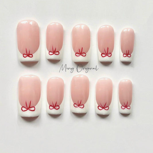 Simple white classy French tip with red bow coquette Press on Nails, French girly handmade Nails, glue on nail, birthday gift for her MO388