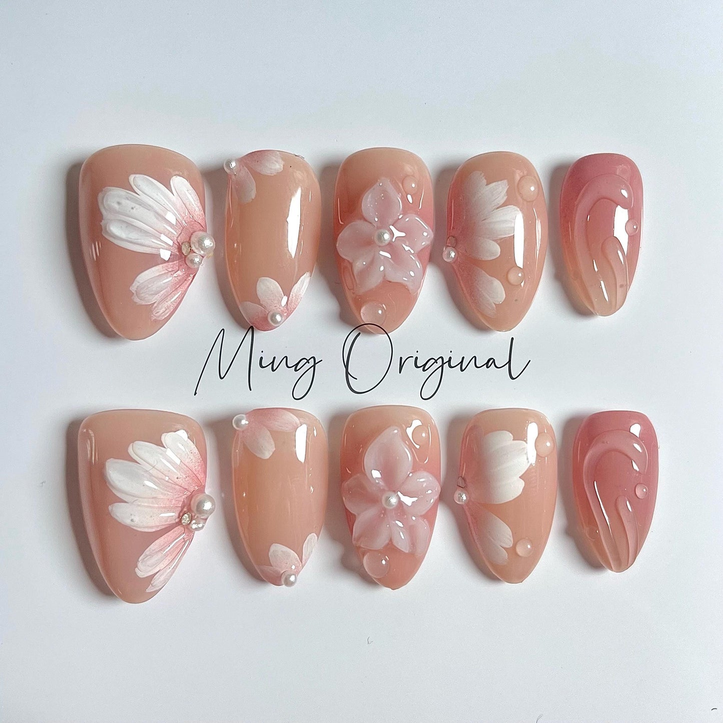 Spring Pink 3D sculptured flower Press on Nails, Mermaid Seashell Nails, milky Orchard Floral Nails, Jelly Nails, glue on nails, MO446