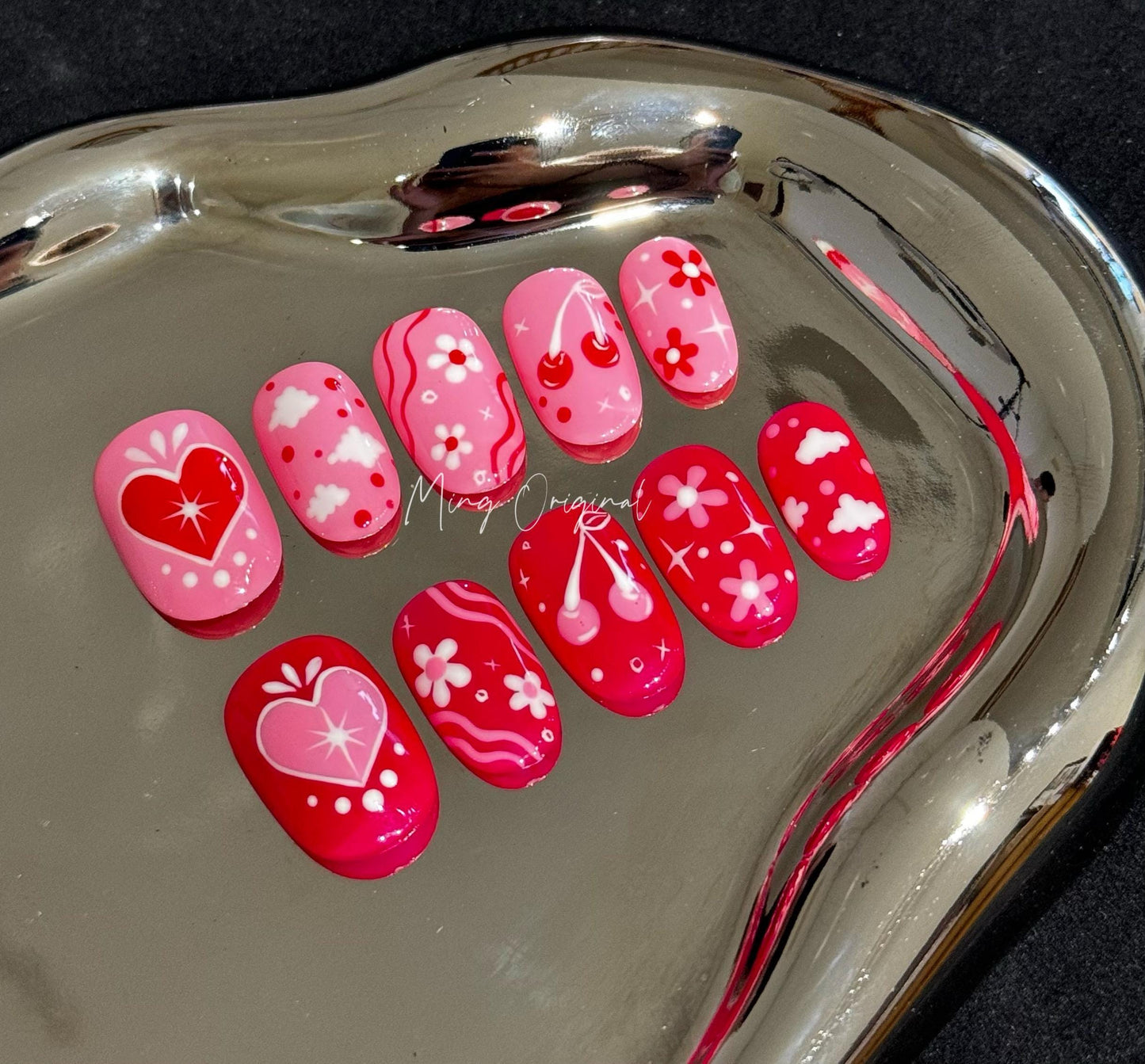 Cute Free style pink heart Press on Nails, colorful cherry flower, girly cloud nail, hand painted Nails,