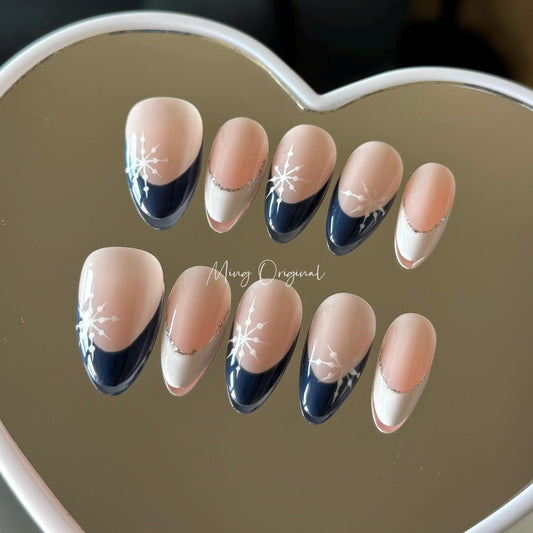 Christmas snowflake press on Nail, blue French tip and snowflake nails, glue on nail, Holiday Fake Nails, Gifts for Her, MO355