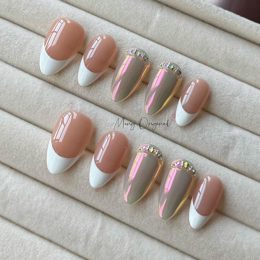 Elegant Multicolored Aura Chrome french tip press on nails, Everyday nail, classy french nail, glue on nail, birthday gift for her, MO397