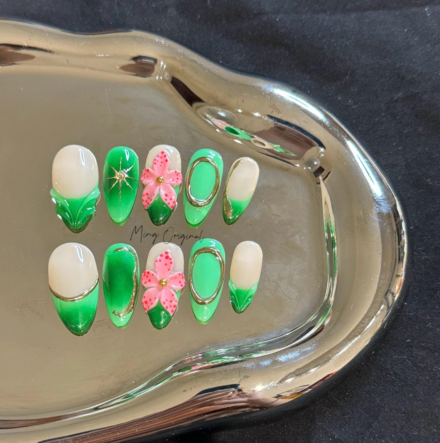 Fairycore wild pink flower Y2K chic French Tip press on nails, reusable nail, jelly fake nail, gift for her