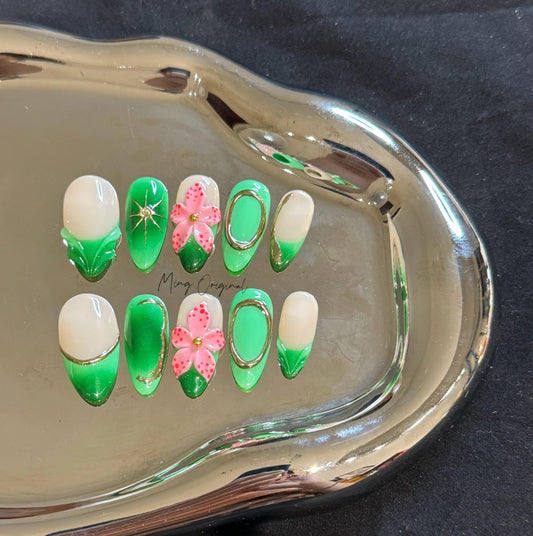 Fairycore wild pink flower Y2K chic French Tip press on nails, reusable nail, jelly fake nail, gift for her