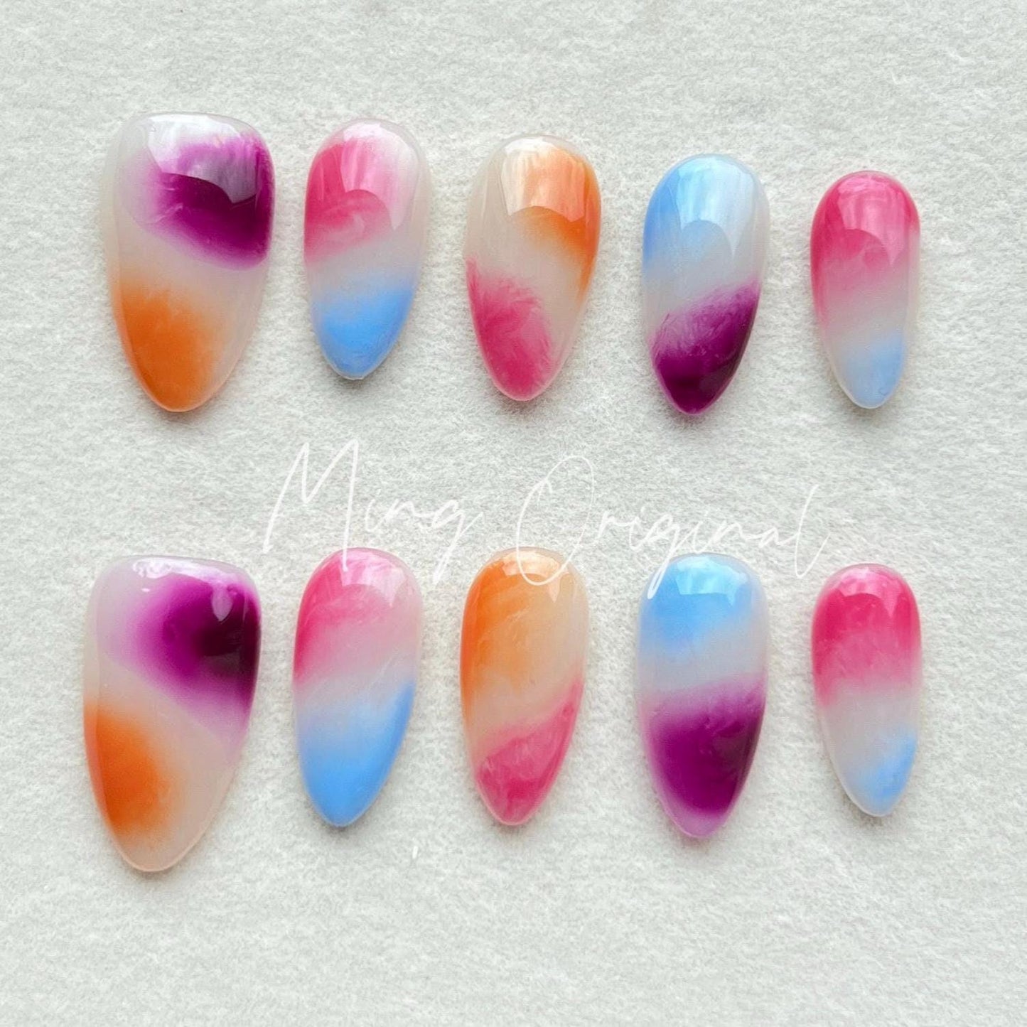 Simple Water Blooming press on nails, reuse nails, jelly fake nails,hand painted pink purple orange blue candy color bloom nail