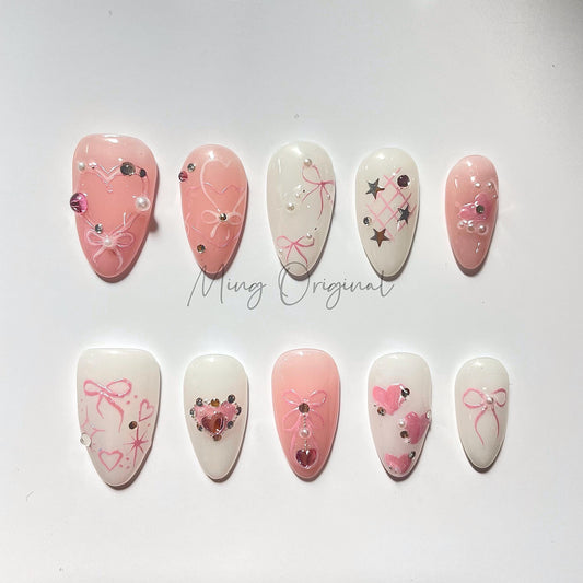 Little bit of cute pink blush heart and bow coquette chrome Press on Nails, pastel ombre color and pearl handmade Nails, gift for her,MO461