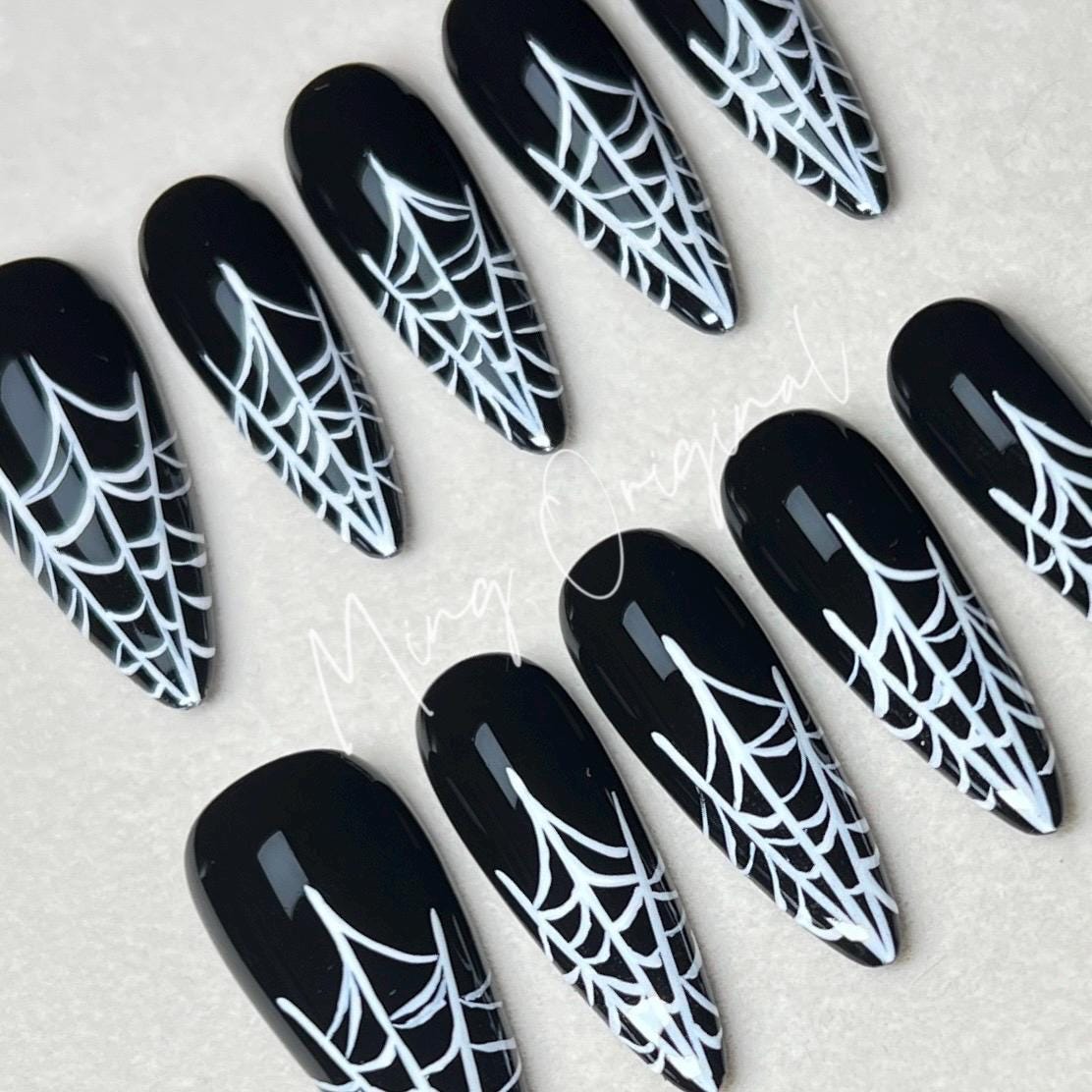 Halloween Spooky Spider Web Gothic White Line press on nail, hand painted abstract line y2k nail, custom made fake nail, black nail