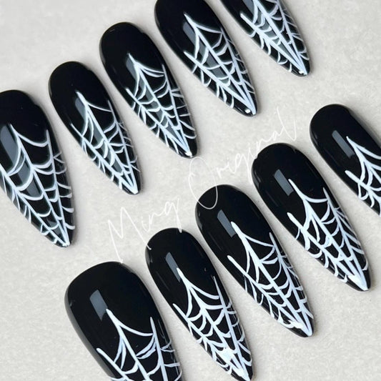 Halloween Spooky Spider Web Gothic White Line press on nail, hand painted abstract line y2k nail, custom made fake nail, black nail