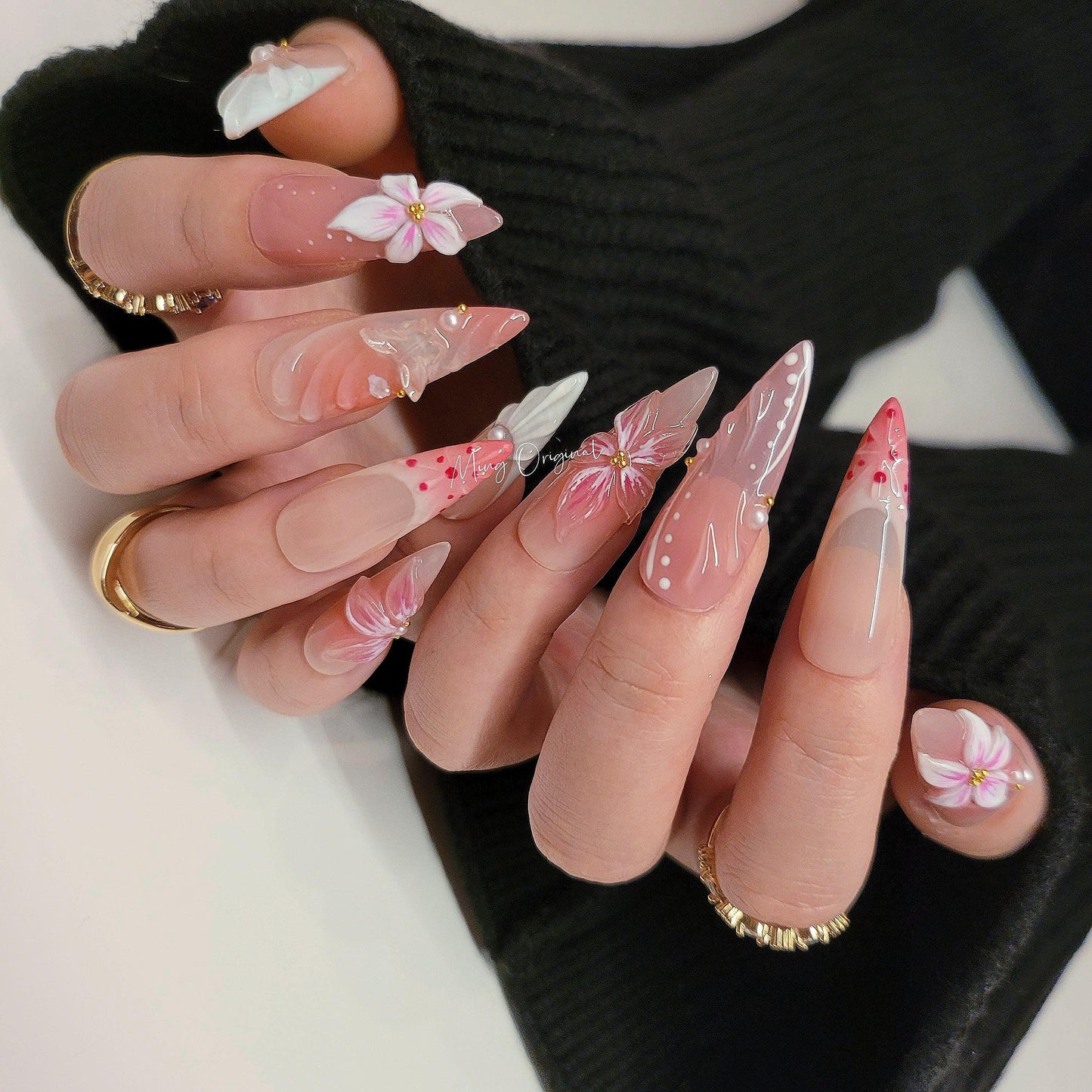 Pink 3D sculptured flower Press on Nails, Mermaid Seashell Nails, Clear Orchard Floral Nails, Jelly Nails, glue on nails, MO284