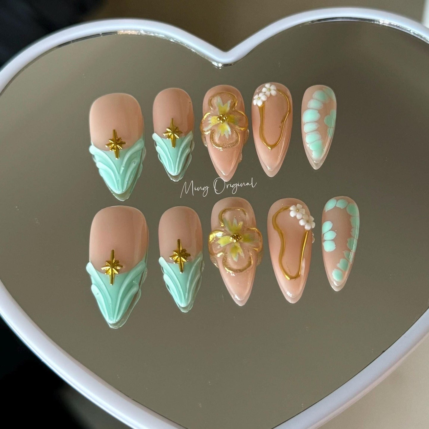 Green mermaid French tip press on nails, croc skin cute gold chrome framed 3d jelly Nails, gold star, holiday gift for her MO312