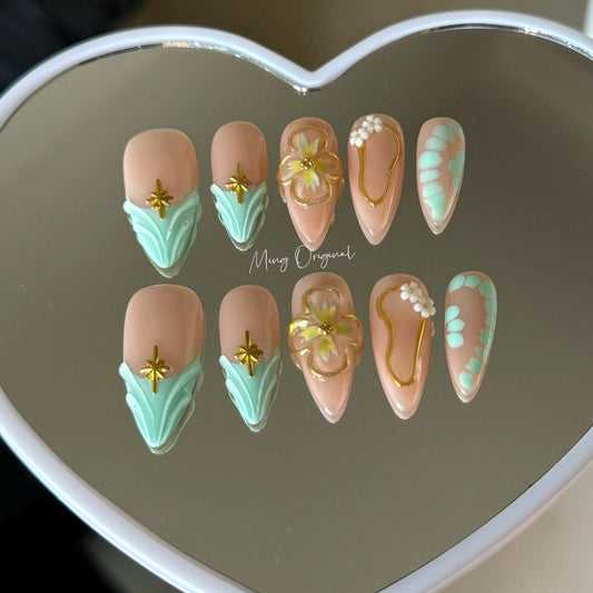 Green mermaid French tip press on nails, croc skin cute gold chrome framed 3d jelly Nails, gold star, holiday gift for her MO312