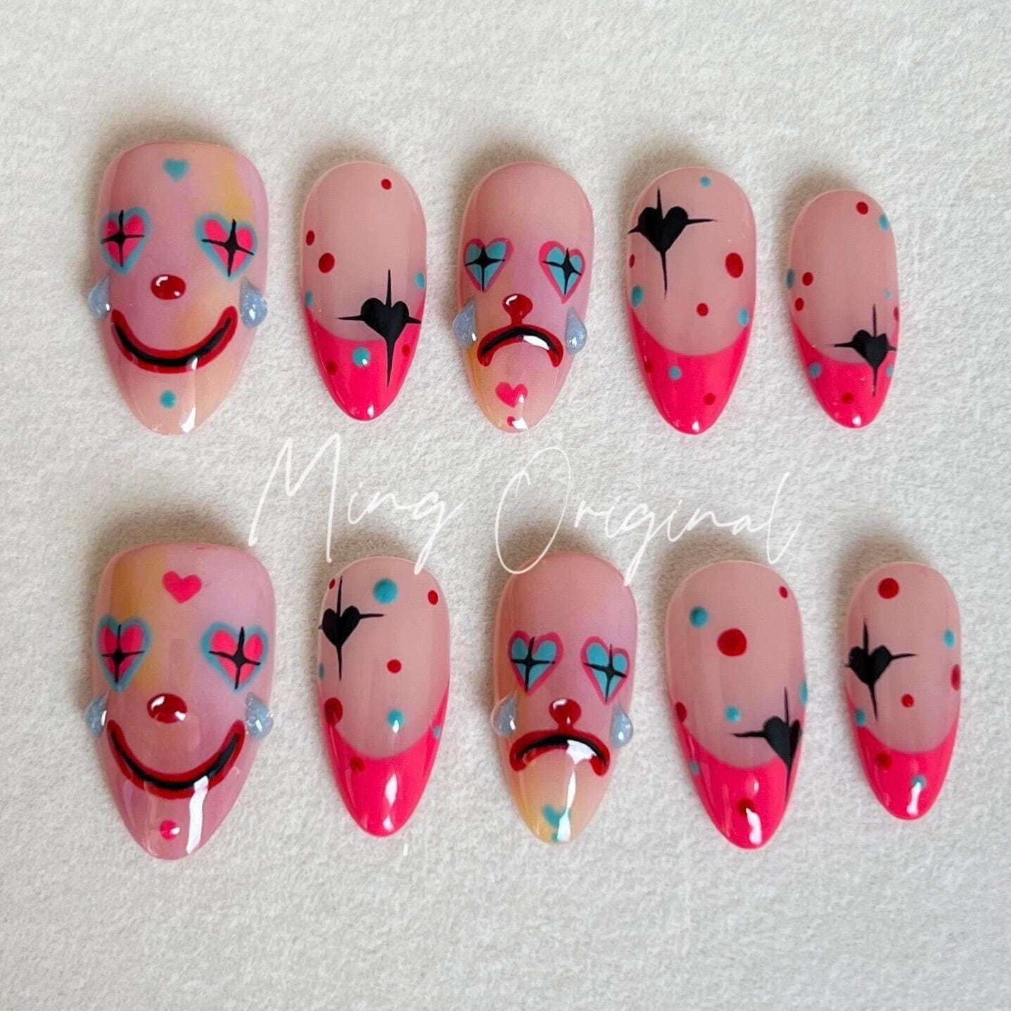Da Joker | Halloween Spooky Almond Nail, Clown Lover press on nail, french tip nail, Custom Made Theme Trendy Fake nail, hot pink 3d nail