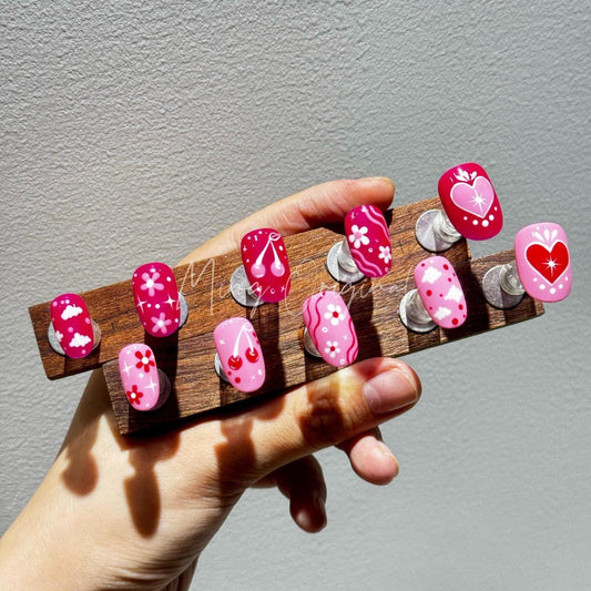 Cute Free style pink heart Press on Nails, colorful cherry flower, girly cloud nail, hand painted Nails,