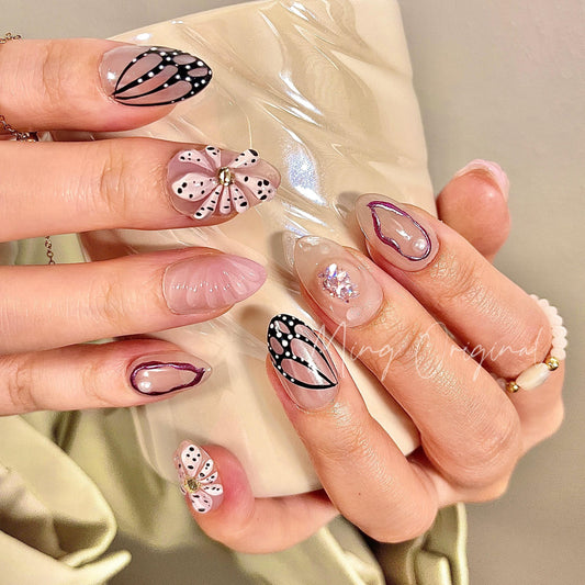 Butterfly wings and Purple Orchid flowers press on art nail, 3D floral nail, summer nail
