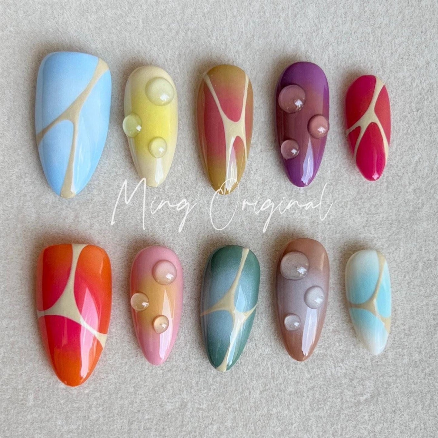 Free style autumn abstract line bubbly color airbrush 3d press on nails, Y2K, ombre color, reuse nails, ,hand painted candy color nail