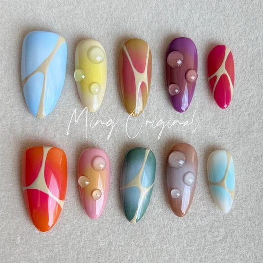 Free style autumn abstract line bubbly color airbrush 3d press on nails, Y2K, ombre color, reuse nails, ,hand painted candy color nail