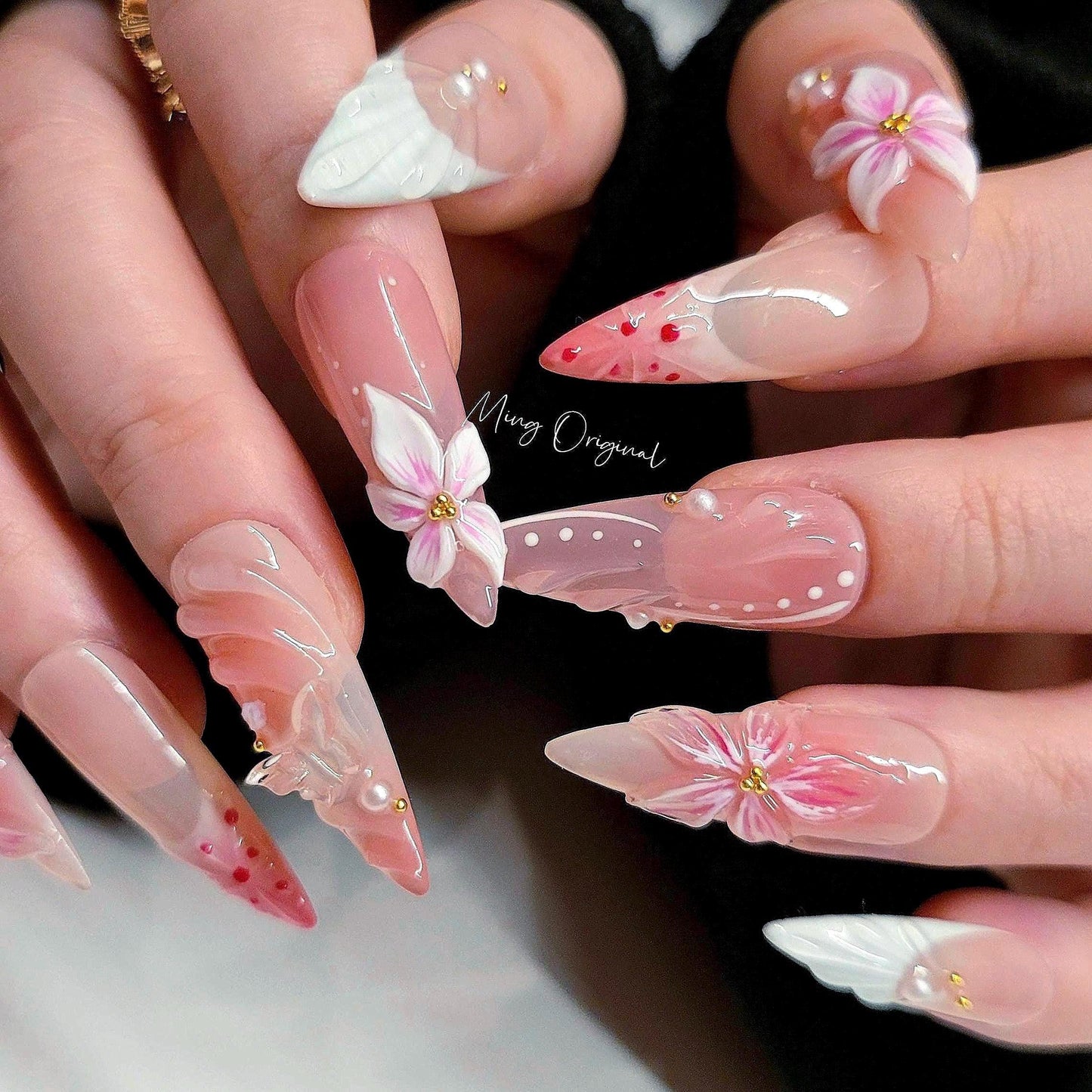 Pink 3D sculptured flower Press on Nails, Mermaid Seashell Nails, Clear Orchard Floral Nails, Jelly Nails, glue on nails, MO284