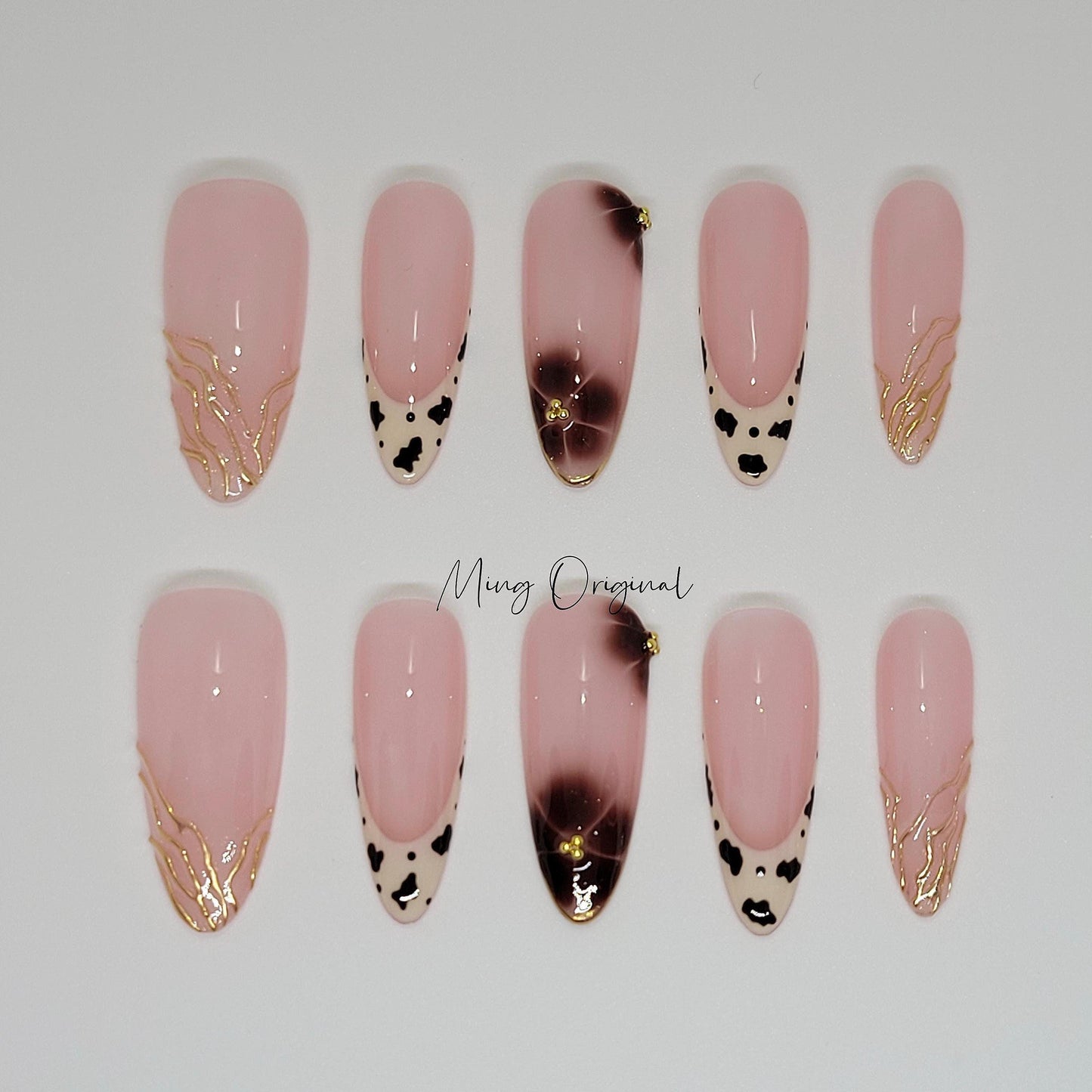Soft Simple Autumn Brown flower press on Nail, leopard animal print French tip , gold chrome details, glue on nail, Gifts for Her, MO357