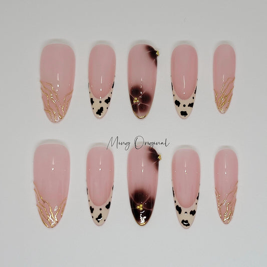 Soft Simple Autumn Brown flower press on Nail, leopard animal print French tip , gold chrome details, glue on nail, Gifts for Her, MO357