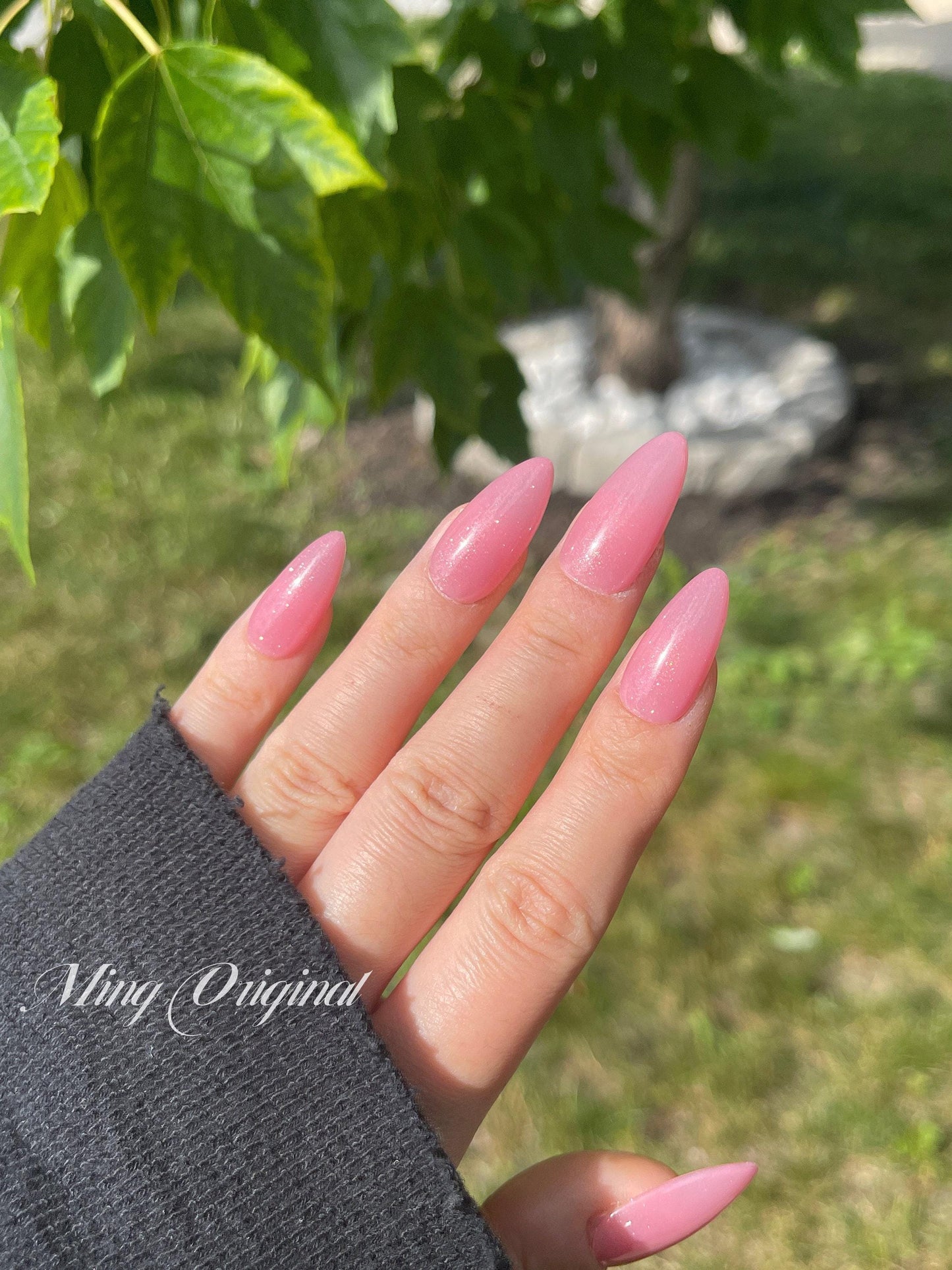 Jelly pink with gold shimmer press on nails, glue on nails, reuse nails, jelly fake nail, glitter shine gel nail