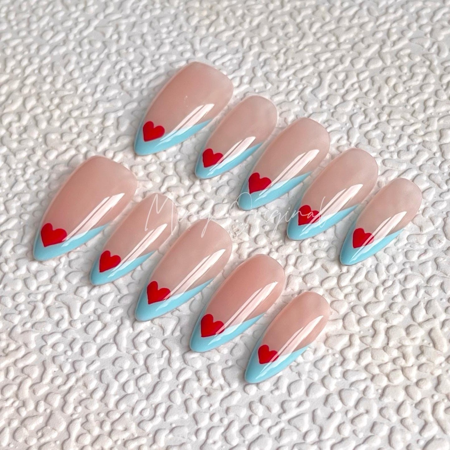 Candy color French tip, hand painted cute red heart and blue tip Press on Nails, summer nail, gift for her