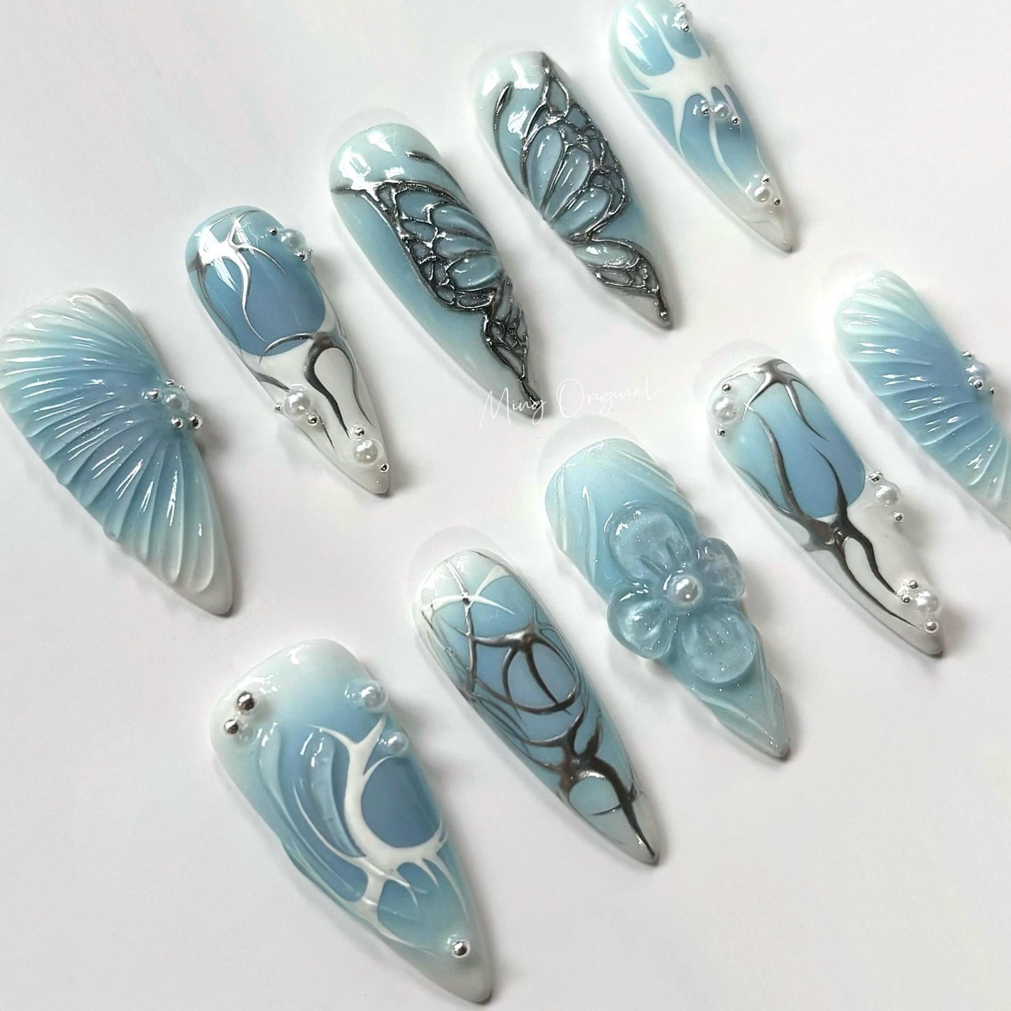 Free style silver Metallic chrome butterfly gothic Nail press on, blue 3d flower glue on fake nail, holiday birthday gift for her, MO323