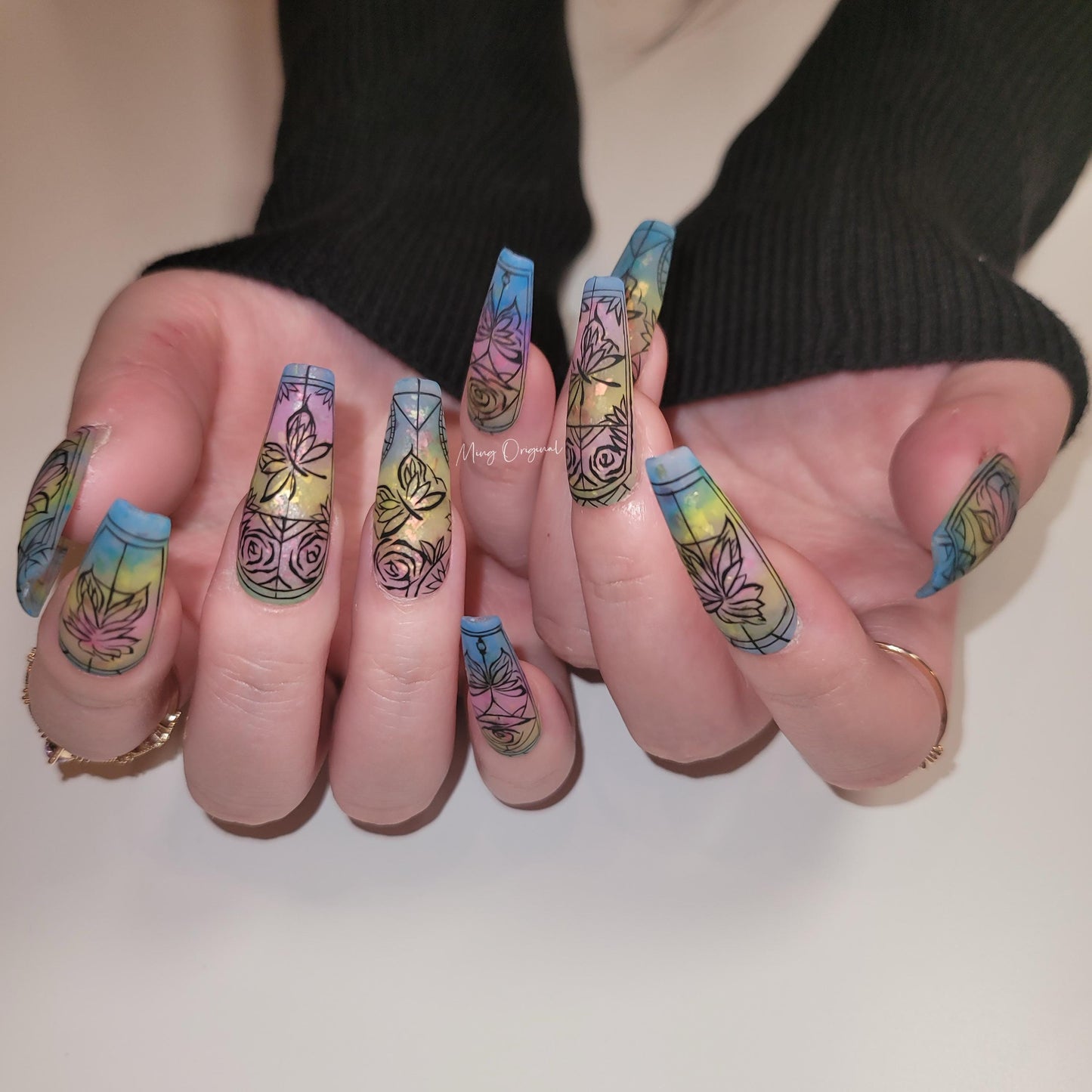 Stained Glass Window Free style Glitter Water Color press on nails, ombre rainbow color matching, hand painted nail, holiday gift for her