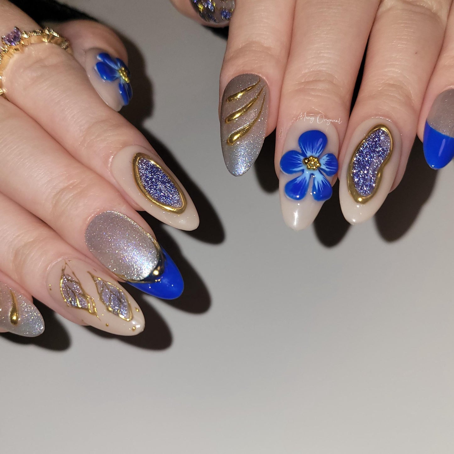 Glittery Handmade 3d Blue Orchid lily flower Press on Nails, sculpted Fairycore Sunset Tropical Floral, gold chrome nail, gift for her