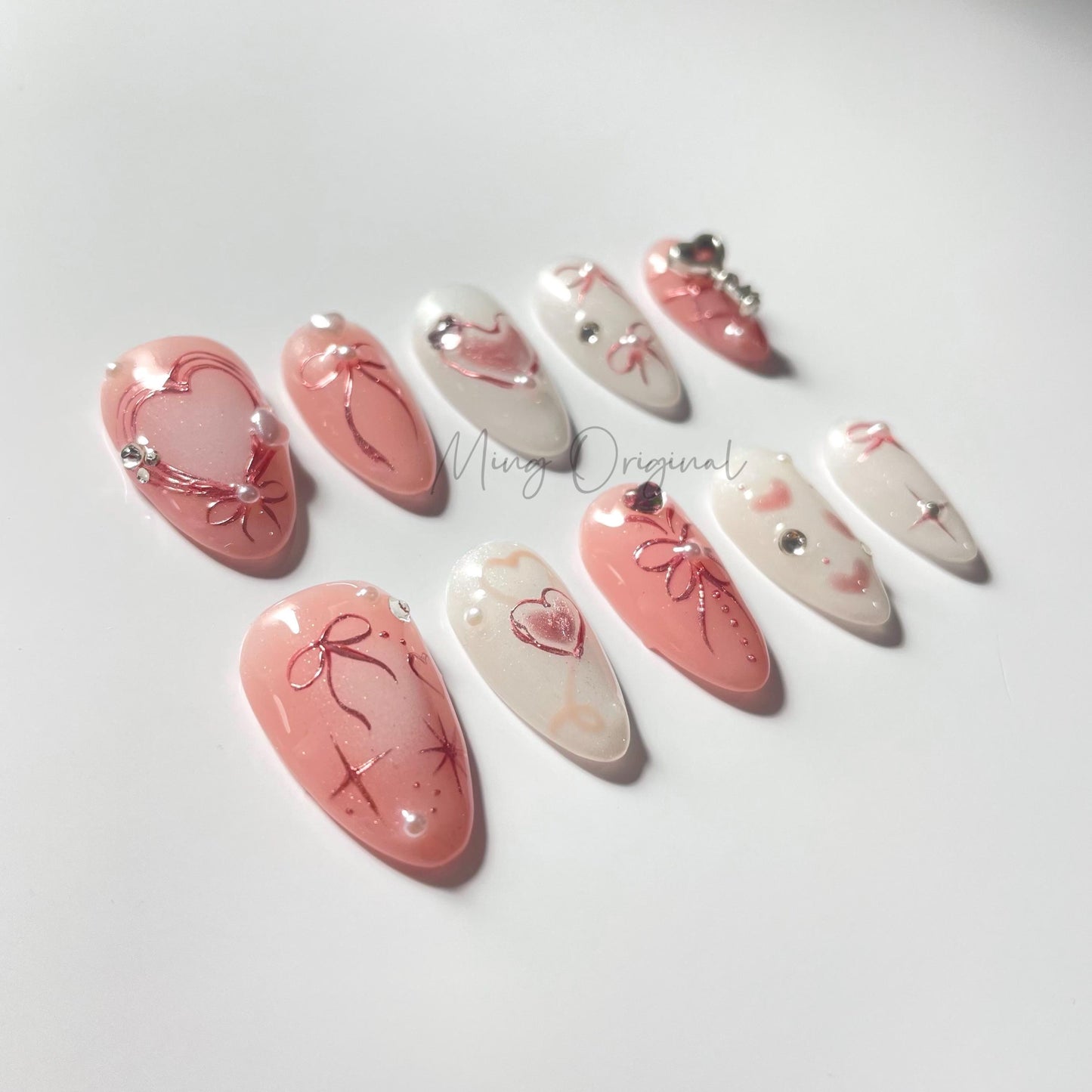 Little bit of sweet pink blush heart and bow coquette chrome Press on Nails, butterfly pastel ombre color handmade Nails, gift for her,MO460