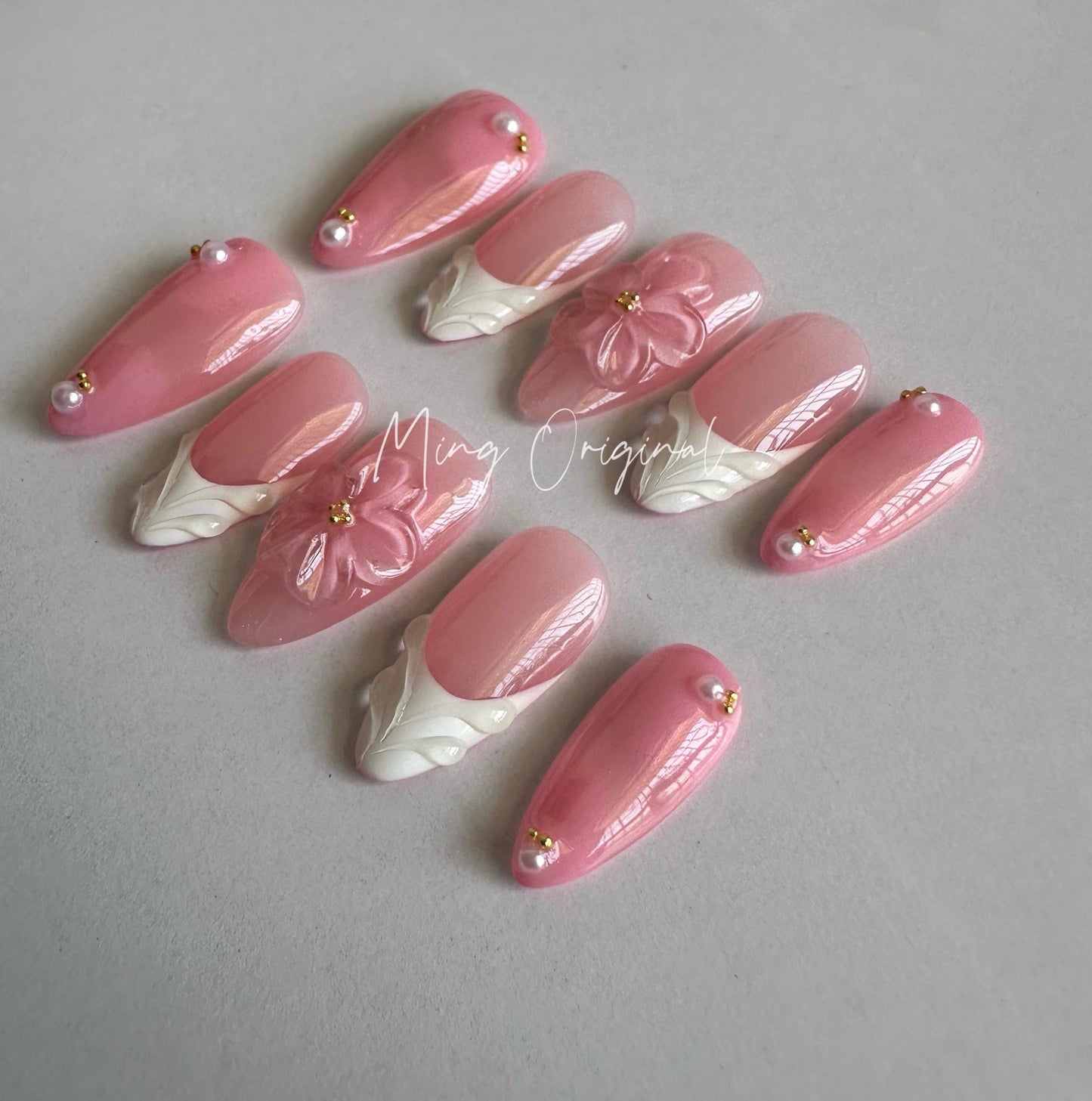 Simple Pink Summer Jelly Flower 3D Free Style with Pearls press on nails, Fairycore Floral Nail, French Tip,