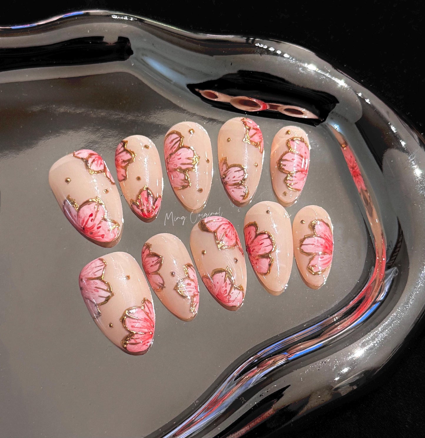 Pink Peach blossom sculptured flower Press on Nails, Gold Frame Orchard Floral Nails, Jelly Nails, gift for her, MO239