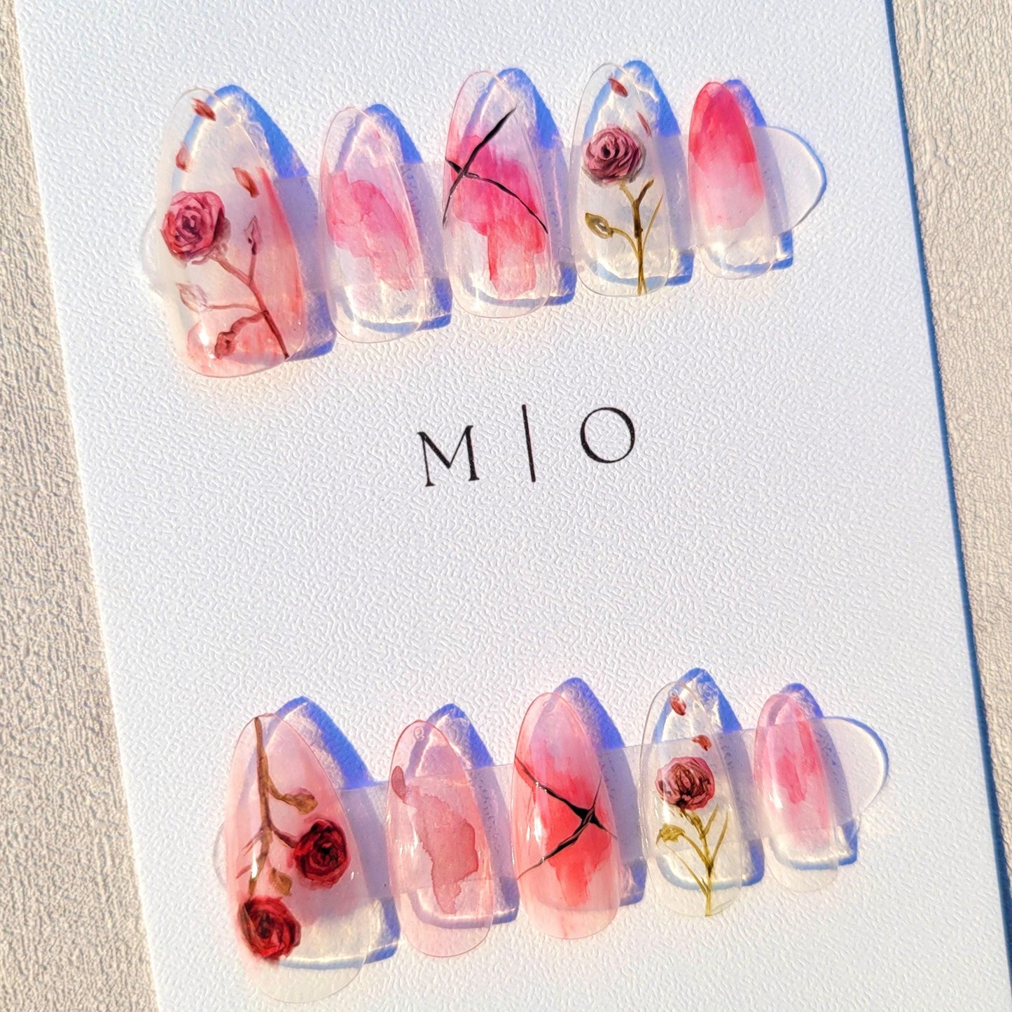 Water color Red Rose Flower art nail, premium salon Press on Nail, Handmade gel Nails, hand painted