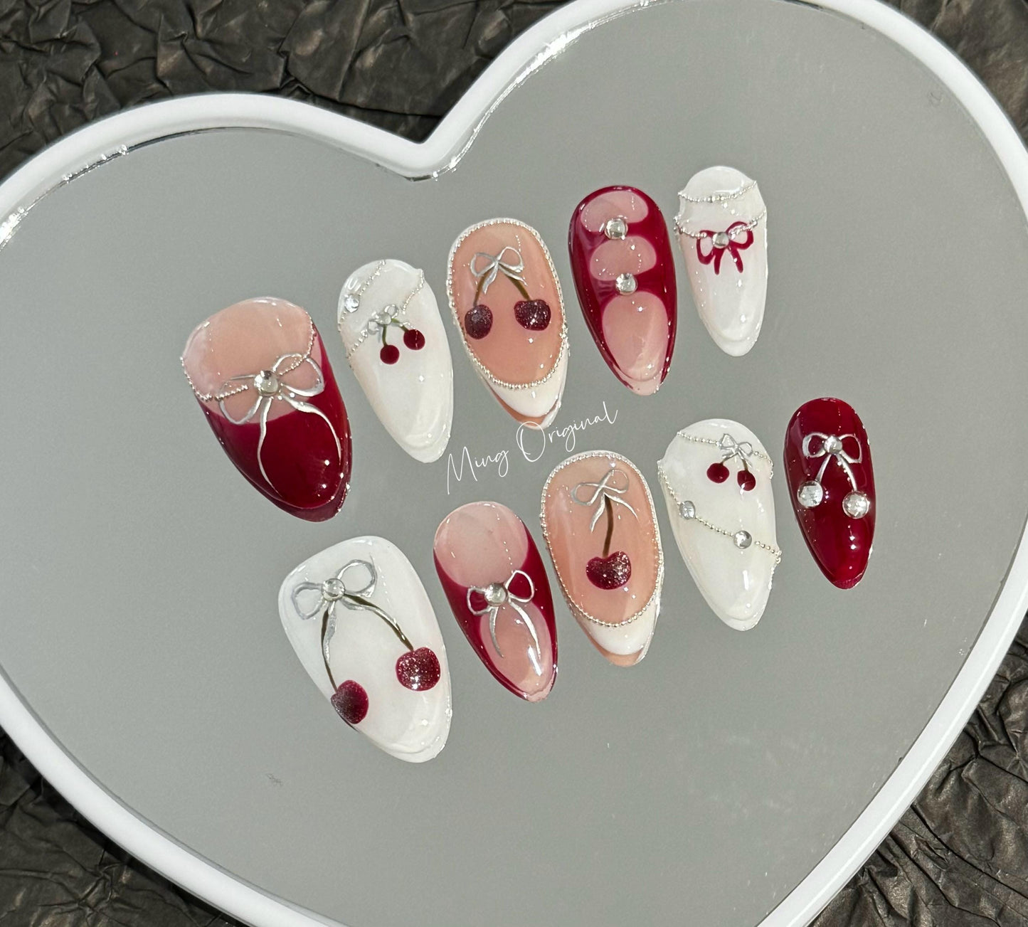 Red Cute cherry fruit lover Press on Nails, bow coquette Christmas nail, glue on nail, reuse nail, fake nails, new year gift for her,MO279