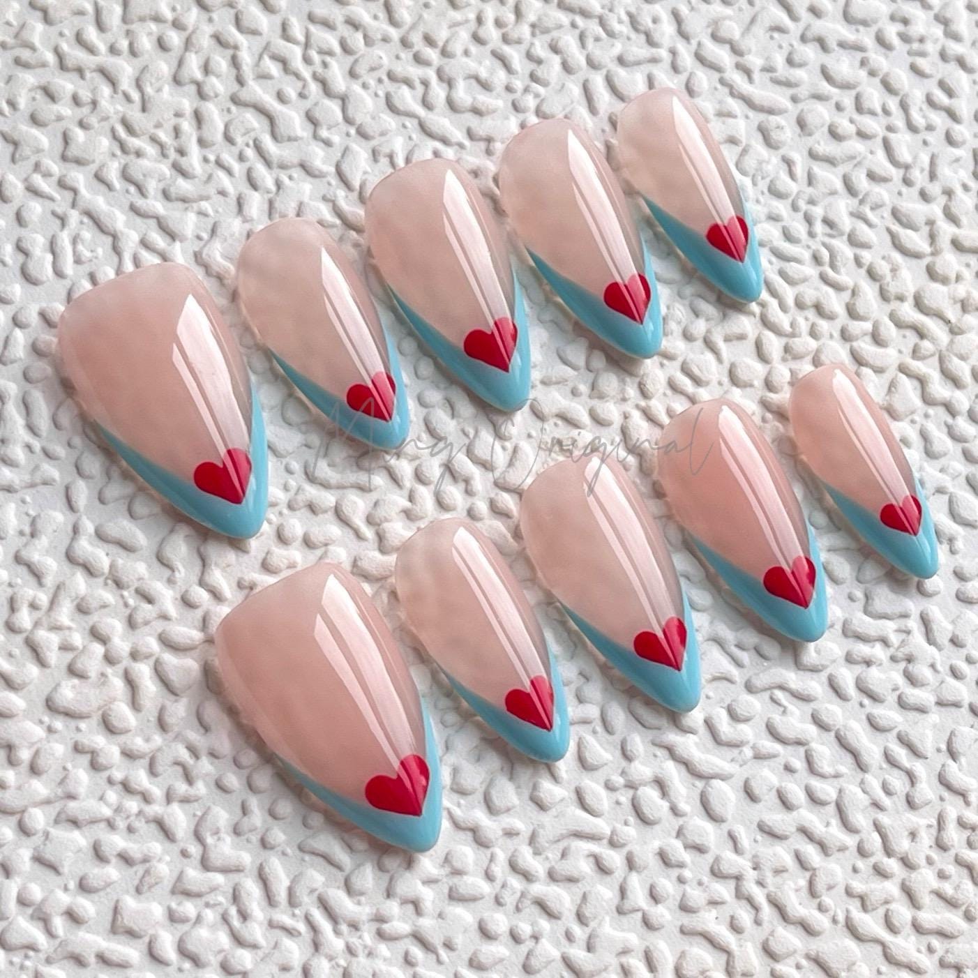 Candy color French tip, hand painted cute red heart and blue tip Press on Nails, summer nail, gift for her