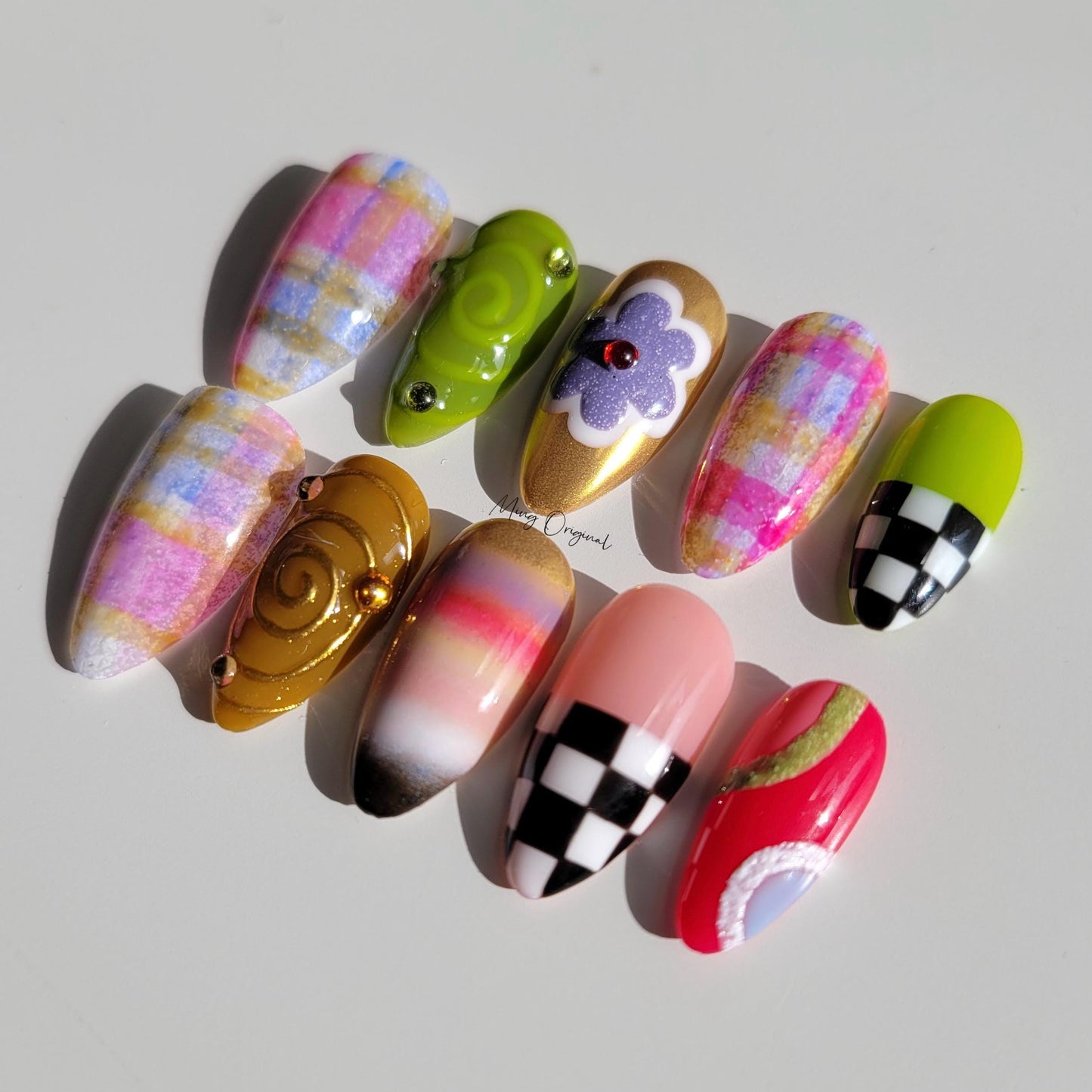 Rainbow plaid pattern with cute flower Press on Nails, blanket inspired, checkerboard glue on nail, holiday birthday gift for her,MO403