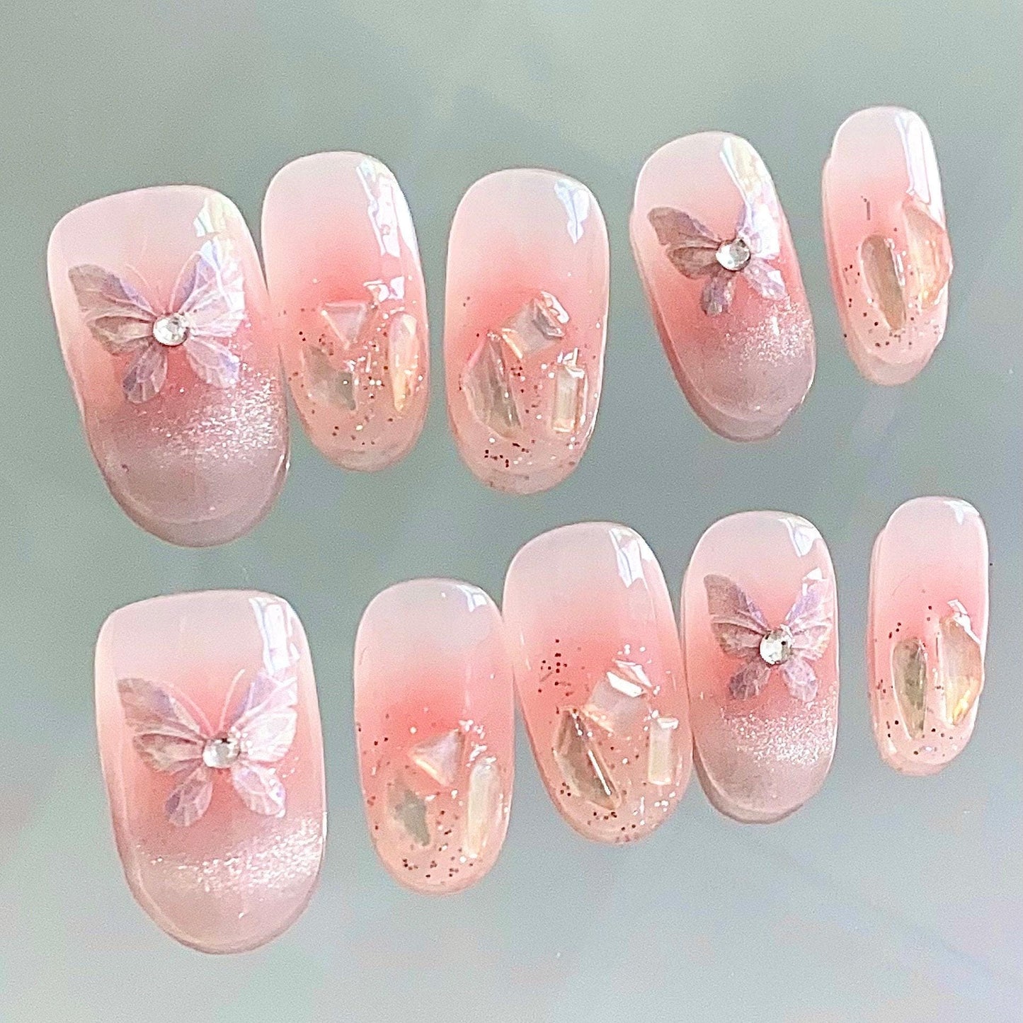 Butterfly press on art nail, french cat eye nails, blush nail, aura gem nail, glittery Handmade jelly nail
