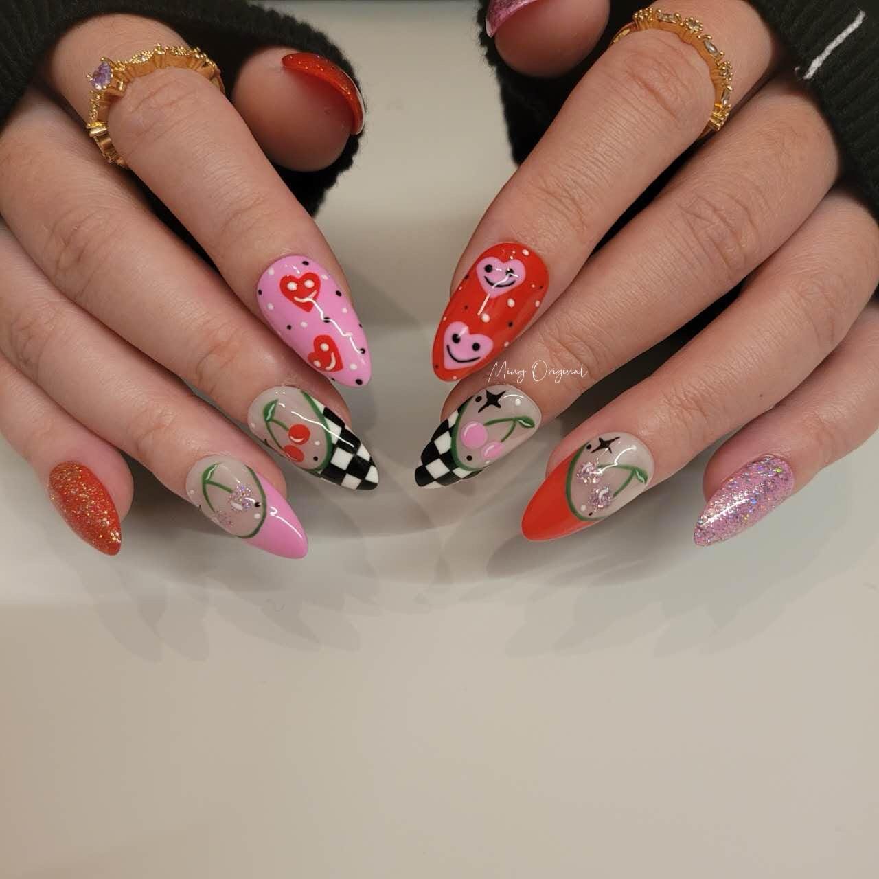 Cute checkerboard Free style pink heart Press on Nails, colorful cherry flower, girly cloud nail, hand painted Nails,