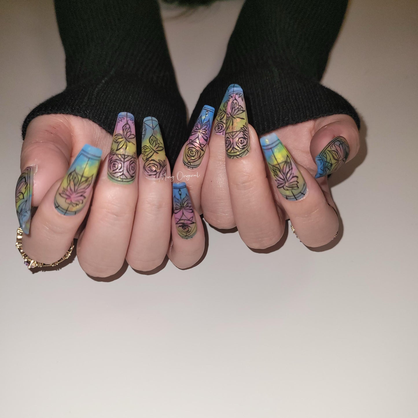 Stained Glass Window Free style Glitter Water Color press on nails, ombre rainbow color matching, hand painted nail, holiday gift for her