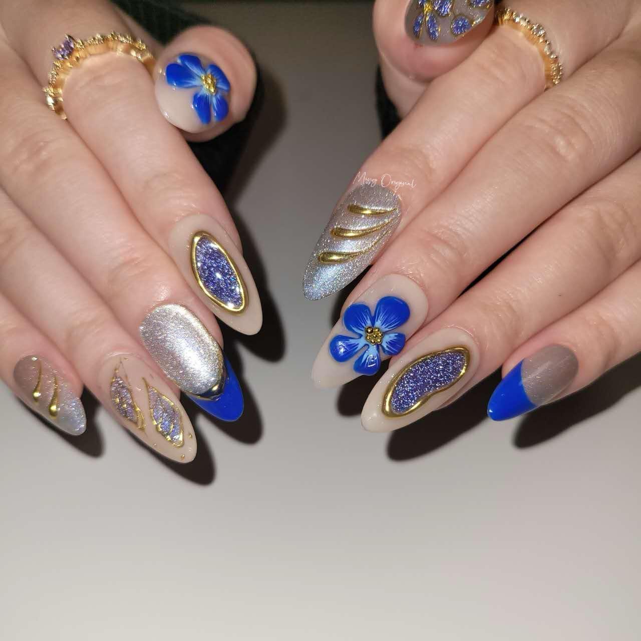 Glittery Handmade 3d Blue Orchid lily flower Press on Nails, sculpted Fairycore Sunset Tropical Floral, gold chrome nail, gift for her
