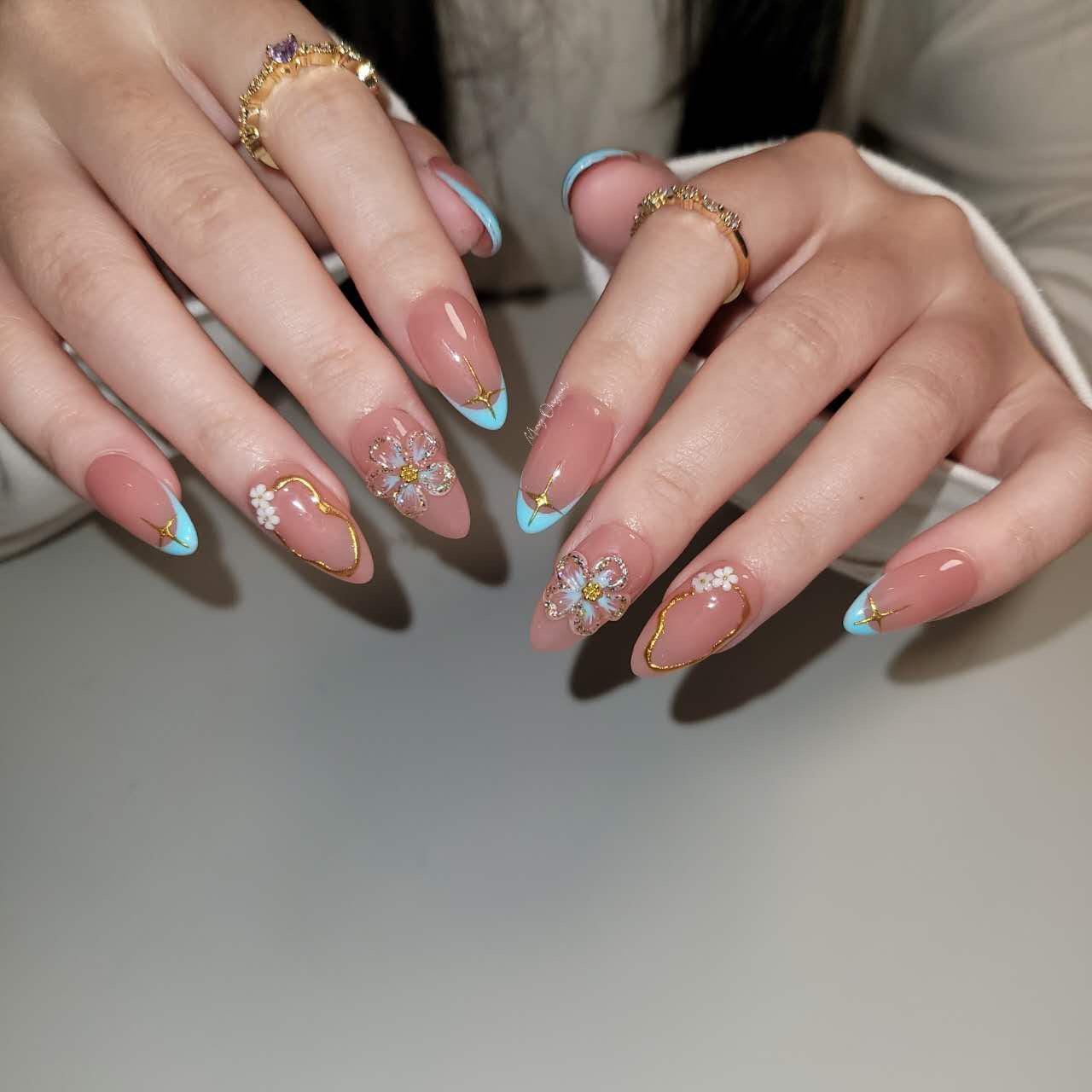 Candy color French tip, hand painted cute 3d jelly flower Press on Nails, gold star, gift for her