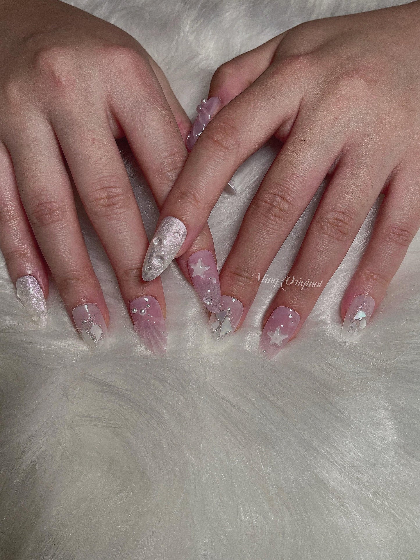3D Star Mermaid Cat Eye press on nails, Seashell with pearl reusable nail, jelly fake nail, sparkle crystal jewel nail