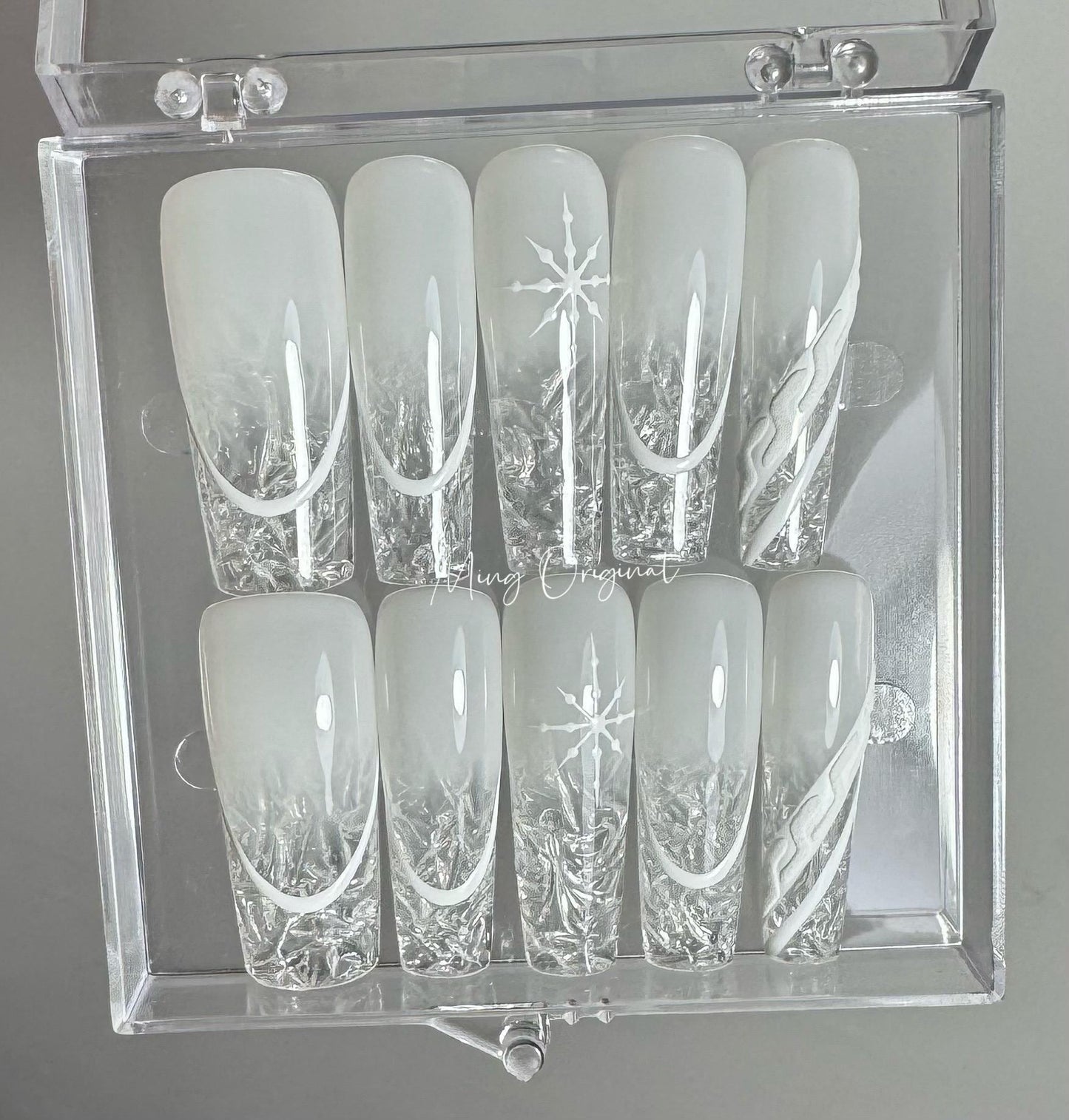 White Christmas Icey French tip Press on Nails, snowflake broken glass winter handmade Nails, snow white ombre clear tip Jelly Nails, MO338