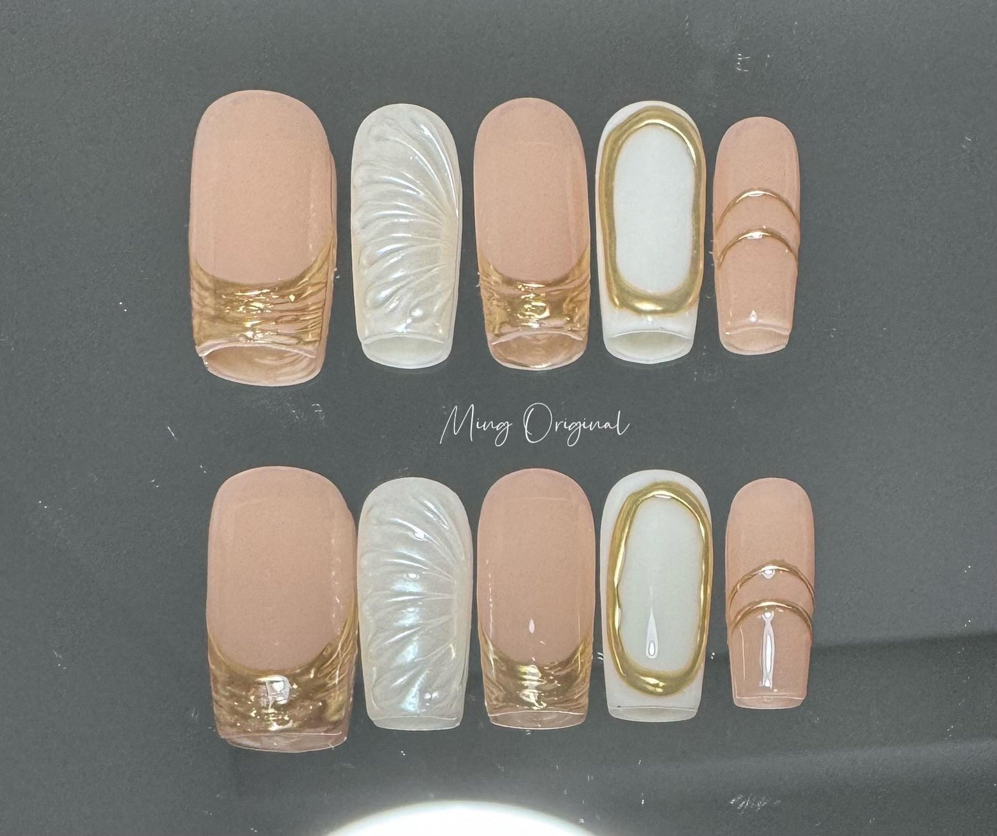 3D pearlescent mermaid press on nails, gold chrome detail nail, Aura Seashell reusable nail, nude jelly fake nail, gift for her,MO310