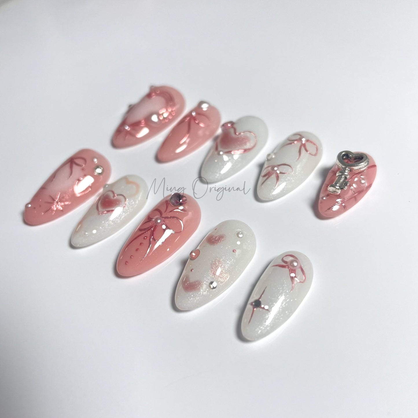 Little bit of sweet pink blush heart and bow coquette chrome Press on Nails, butterfly pastel ombre color handmade Nails, gift for her,MO460